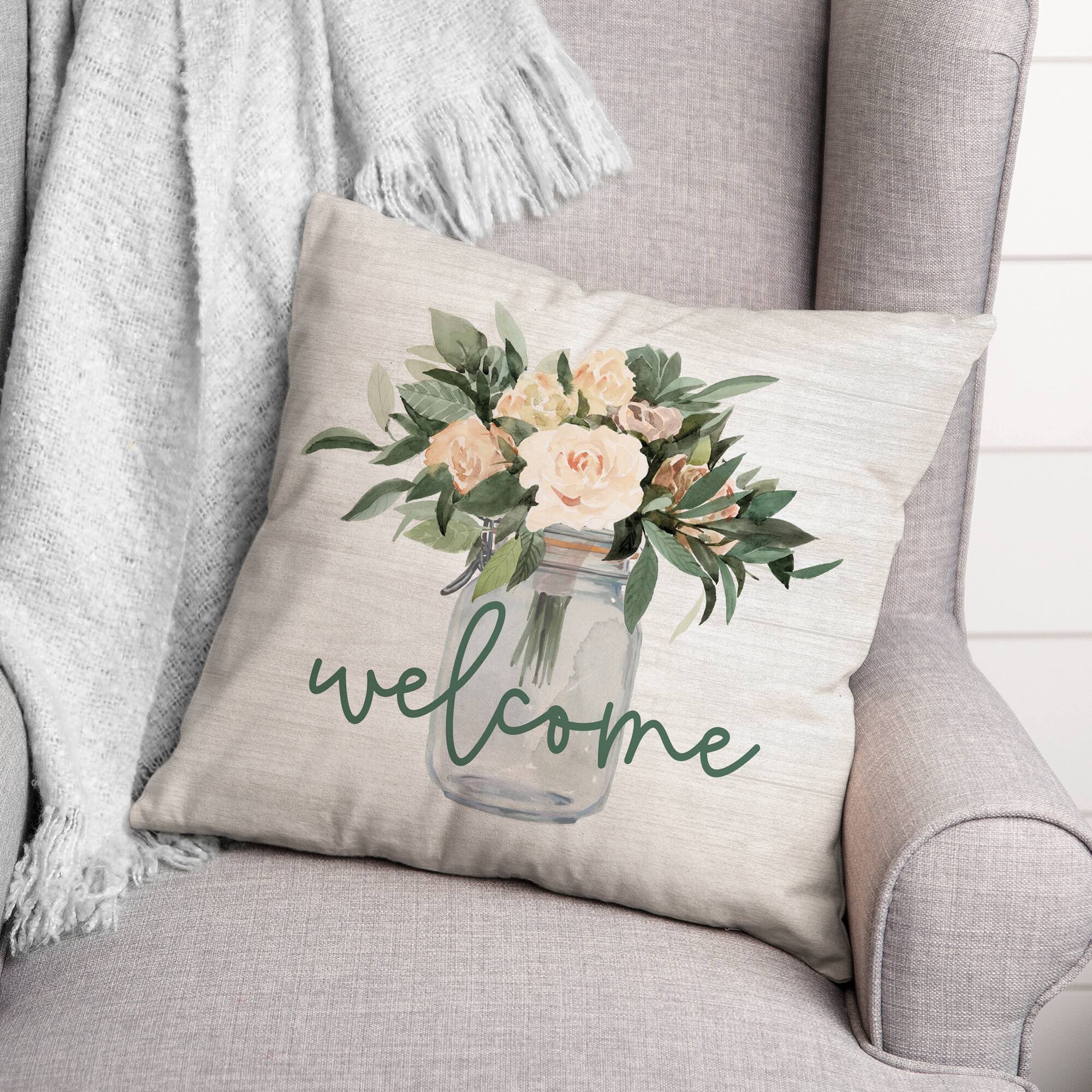 Welcome Jar of Flowers Throw Pillow